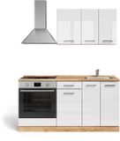 Vicco R-Line Eenpersoonskeuken – 160 cm met ovenkast en spoelbak met BL Wit hoogglans/goud power eiken