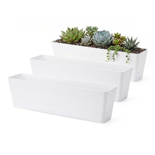 GREANER Raambakken plantenbakken, 3 stuks 40 x 9 cm grote kruidenplantenbakken met dienblad, succulente cactusbloemen groente, plastic rechthoekige pot voor balkon, kantoor, tuin, buiten, vensterbank