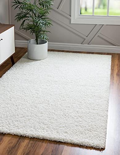 Unique Loom Solo Solid Shag Collection Modern pluche hoogpolig tapijt, sneeuwwit, 152 x 244 cm