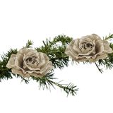 Cosy&Trendy Kerstboom bloemen op clip- 2x stuks- champagne glitter- kunststof- 10 cm