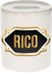 Bellatio Decorations Shoppartners Bv Spaarpot met voornaam Rico - wit - met goud/zwart embleem - 8 x 9 cm - keramiek - met afsluitdop - cadeau verjaardag