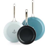 BK Sky Koekenpannenset 3 delig - 20/24/28cm - PFAS vrije antikleeflaag – Pannenset inductie - Keramische pan – Ovenbestendig tot 220°C – RVS handgrepen - Blauw