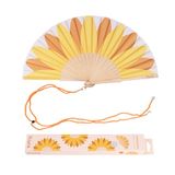 Fisura - Houten waaier met zonnebloemprint. Modieus en kleurrijk accessoire, gele zakventilator met clip inbegrepen. Afmetingen: 42,5 x 23 cm