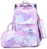Unyqoos® Ensemble de sacs d'école trois-en-un violet pour filles avec sac à lunch et trousse
