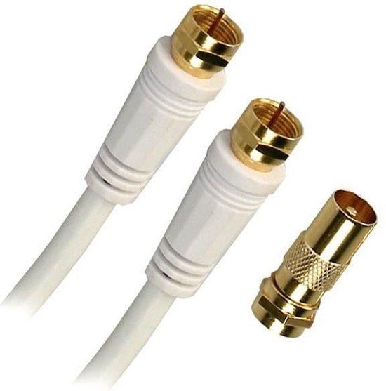 APM 409006 - satellietkabel, F-stekker op stekker + adapter - 5 m - wit