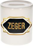 Bellatio Decorations Spaarpot met voornaam Zeger - wit - met goud/zwart embleem - 8 x 9 cm - keramiek - met afsluitdop - cadeau verjaardag