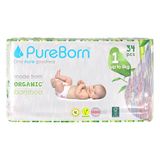 PureBorn Biologische natuurlijke bamboe baby wegwerpluiers. Maat 1, vanaf geboorte tot 5 kg, 34 stuks.
