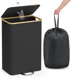 SONGMICS Statiegeldflesinzamelbak, 95 L, met Gat, Deksel en Binnenzak | Flessenverzamelaar voor Lege Flessen, met Handgrepen, Keuken, Inktzwart en Natuurlijk Beige, ROXANNE Collection RRB509B01