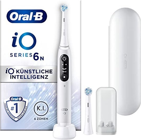 Oral-B iO 6 elektrische tandenborstel/elektrische tandenborstel, magnetische technologie, 2 opzetborstels, 5 poetsmodi voor tandverzorging, display en reisetui, ontworpen door bruin, wit