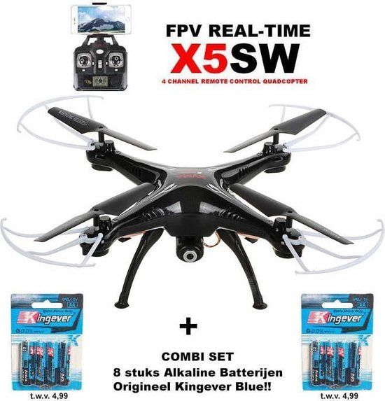 Syma X5SW Drone Quadcopter WiFi FPV Met 2K Camera Zwart + 2 pack Batterijen