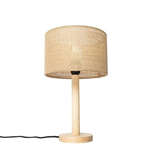 QAZQA - Landelijke tafellamp hout met linnen kap naturel 25 cm - Mels | Woonkamer | Slaapkamer | Keuken - Hout Rond - E27 Geschikt voor LED - Max. 1 x 40 Watt