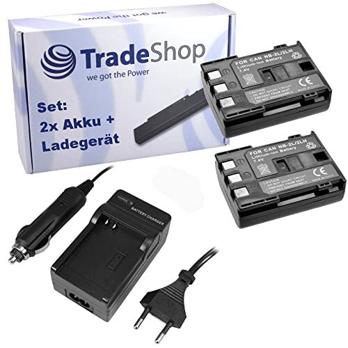 Trade Shop 3-in-1 set: 2x Li-Ion accu 1200mAh + acculader met auto-adapter compatibel met Canon NB2L BP2L5 BP2L12 BP2L14 NB2L18