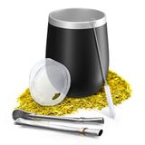 Aquafloow Dubbelwandige Yerba Mate Beker 350 ml + 2 Stuks Stalen Rietjes, Yerba Mate Beker met BPA-vrij Deksel, Roestvrijstalen Theeset voor Mate, Yerba - Zwart