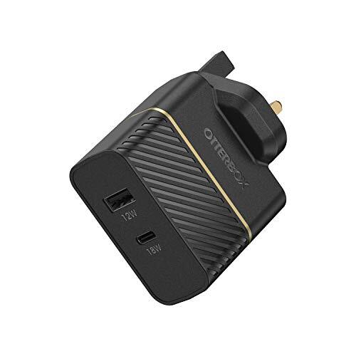 OtterBox UK Sterke Dubbele Poort Muur Lader, USB-C 18W PD + USB A 12W - Zwart