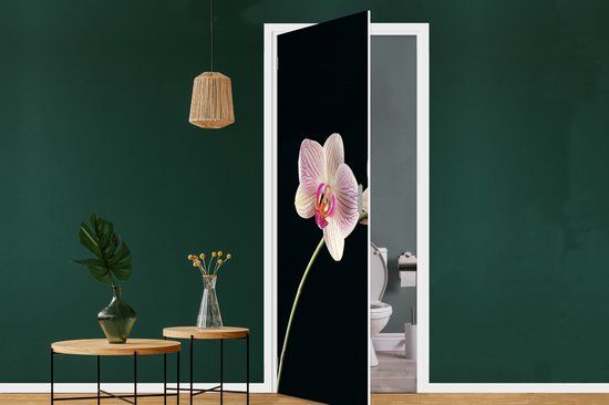 StickerSnake Deursticker Orchidee - Bloemen - Zwart - Roze - Knoppen - 95x235 cm - StickerSnake