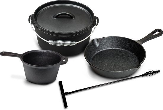 Blackwell Dutch Oven BBQ Set 4-Delig - Braadpan Met Deksel Lifter - Koekenpan 20 cm & Steelpan 18 cm - Cast Iron Set - Gietijzer Zwart Duurzaam Ovenbestendig