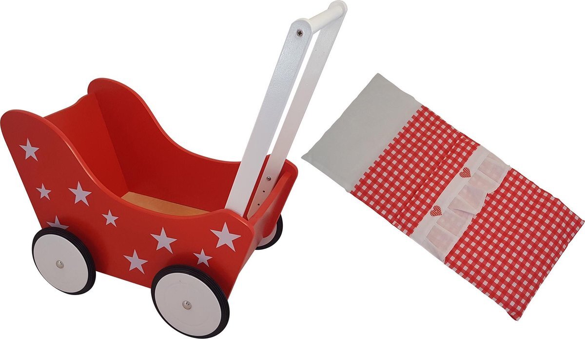 Playwood - Houten Poppenwagen rood met witte sterren - inclusief dekje rode ruitjes