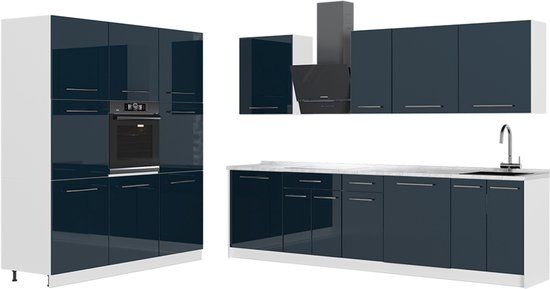 Vicco Complete keukeneenheid Fame-Line, Donkerblauw hoogglans/Wit, 460 cm, WB Marmer