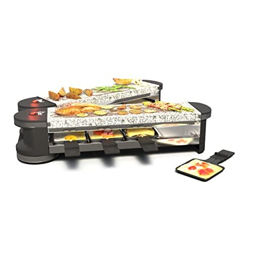 Suntec Wellness SUNTEC Raclette Grill RAC-7079 Flex8 stone/stone - Mini tafelgrill voor 8 personen - 8 pannetjes + 8 spatels als accessoireset - Dubbelzijdige granieten steenplaat - Met draaischarnier - 1400 Watt