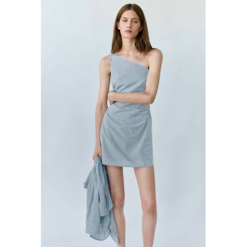 Mango Mango one shoulder geruite zomerjurk - lichtblauw