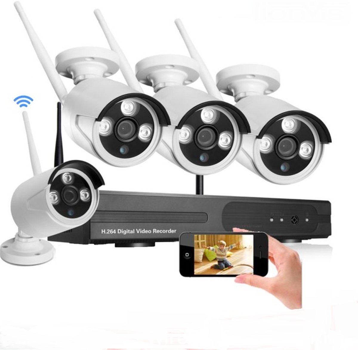 NVR kit Beveiligingscamera set draadloos, 4 Camera's + NVR 1080p Full Hd PLUG & PLAY