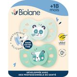 BIOLANE Anatomische dierlijke spenen - Extra fijne fopspenen - 18 maanden en +- Tweekleurig groen - Platte en omkeerbare speen - Optimaal comfort - Respect voor de mondontwikkeling - Hernieuwbare