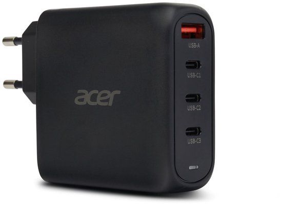 Acer 100W GaN Oplader – Snellader - Laptop Oplader - 3x USB-C – 1x USB-A – 2 meter kabel – Geschikt voor laptops, tablets en USB-C apparaten - Zwart