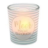 Dekohelden24 Windlichtglas transparante banderol, incl. 1 theelichtje, H / : 6,5 x 6 cm, motief: zee macht gelukkig, glas 6408151