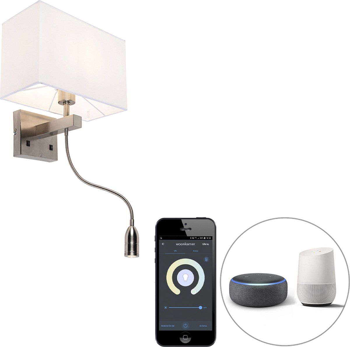 QAZQA Bergamo - LED Smart Wandlamp met kap - Wit