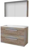 Basic-Line Comfort 46 Badkamermeubelset - 100 x 46 cm - Met Grepen - 2 Lades - Acryl Wastafel - Zonder Kraangat - Spiegelkast - Scotch Oak