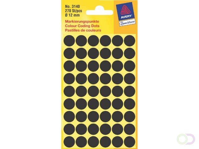 Avery Etiket Avery 3140 rond 12mm zwart 270stuks