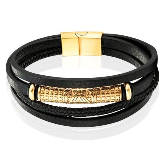 Mendes Jewelry Heren Armband - Zwart Leer met Goudaccenten - 23cm