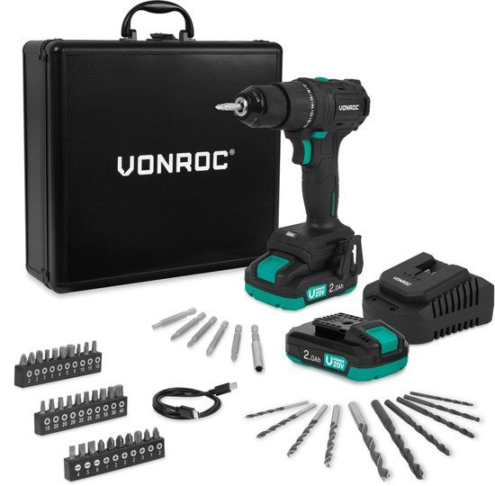 VONROC PRO Accuboormachine 20V – 40 Nm – Brushless motor - 18 schroefstanden + boorstand - Incl. 2x 2.0Ah accu, snellader en 46 accessoires in luxe koffer