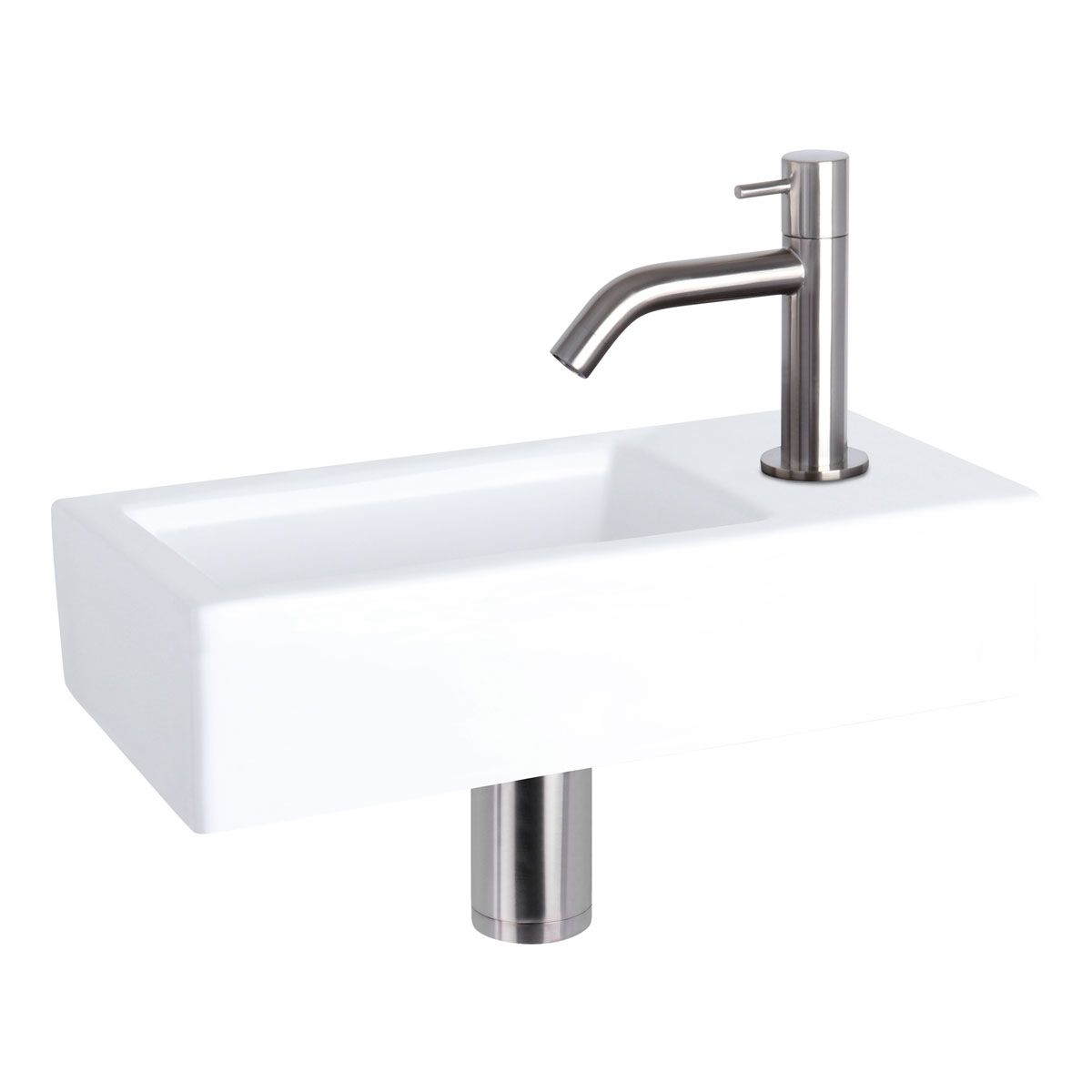 Differnz Fonteinset Ravo Rechthoek 38.5x18.5x9 Keramiek Wit Gebogen Toiletkraan Clickwaste Sifon RVS Look