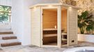 Woodfeeling Sauna Jada (Eckeinstieg), porte entièrement vitrée, bronze, chauffage 9 kW avec commande externe conviviale