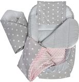 Medi Partners 5-delige babynestjeset, 100 x 60 x 15 cm, uitneembaar inzetstuk, knuffelnest, kruipdeken voor baby's, pasgeborenen, 100% katoen (grijze sterren met lichtroze minky)
