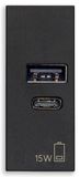 Vimar 30292.AC15G Line USB-voeding, 15 W, 3 A, 5 V, voor elektronische apparaten, USB A en USB-C-uitgangen