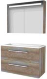 Basic-Line Premium 46 Badkamermeubelset - 100 x 46 cm - Met Grepen - 2 Lades - Acryl Wastafel - 1 Kraangat - Spiegelkast met LED Verlichting - Scotch Oak