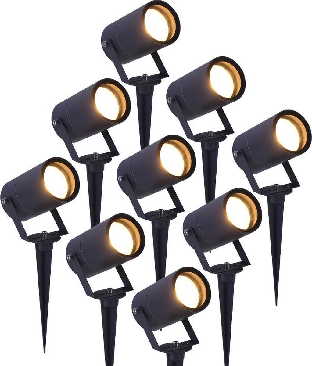 HOFTRONIC 9x Spikey - Tuinspot voor buiten - LED - Antraciet - 2700K Warm wit - Waterdicht - 5 Watt - 400 Lumen - 230V - Verwisselbare GU10 lamp - Prikspot met grondspies - Richtbaar - Aluminium - Voor het uitlichten van planten/struiken en bomen