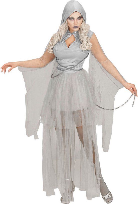 Widmann Spook & Skelet Kostuum Geketende Klassieke Geest Vrouw Grijs - Small - Halloween - Verkleedkleding
