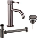 FortiFura Calvi Slim Wastafelkraanset - lage wastafelkraan - klikwaste plug - verlaagde design sifon - PVD - geborsteld gunmetal (antraciet)