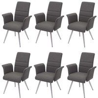 HWC-G55 Set van 6 eetkamerstoelen, keukenstoel met armleuningen, stof/textiel geborsteld roestvrij staal ~ grijsbruin