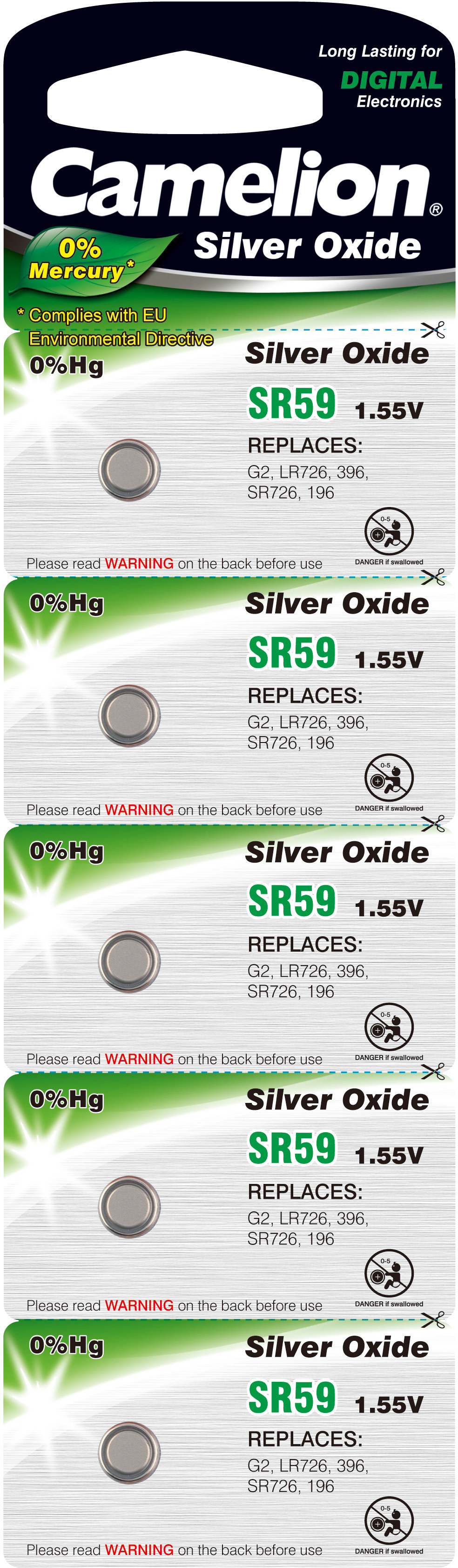 Camelion 5 ST.  SR59W / G2 / 396 / SILBER-OXID KNOPFZELLEN, 1,55V 0% QUECKSILBER 14055043 5BP