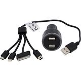 CARTREND 10525 auto-USB-laadset 4 in 1, 12/24 volt met blauwe lichtring, zwart