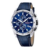 Festina F20692/2 Heren Horloge - Chronograaf - Mineraalglas - Roestvrijstaal/Leer - Zilverkleurig - Blauw - Quartz - Gesp - 10 ATM