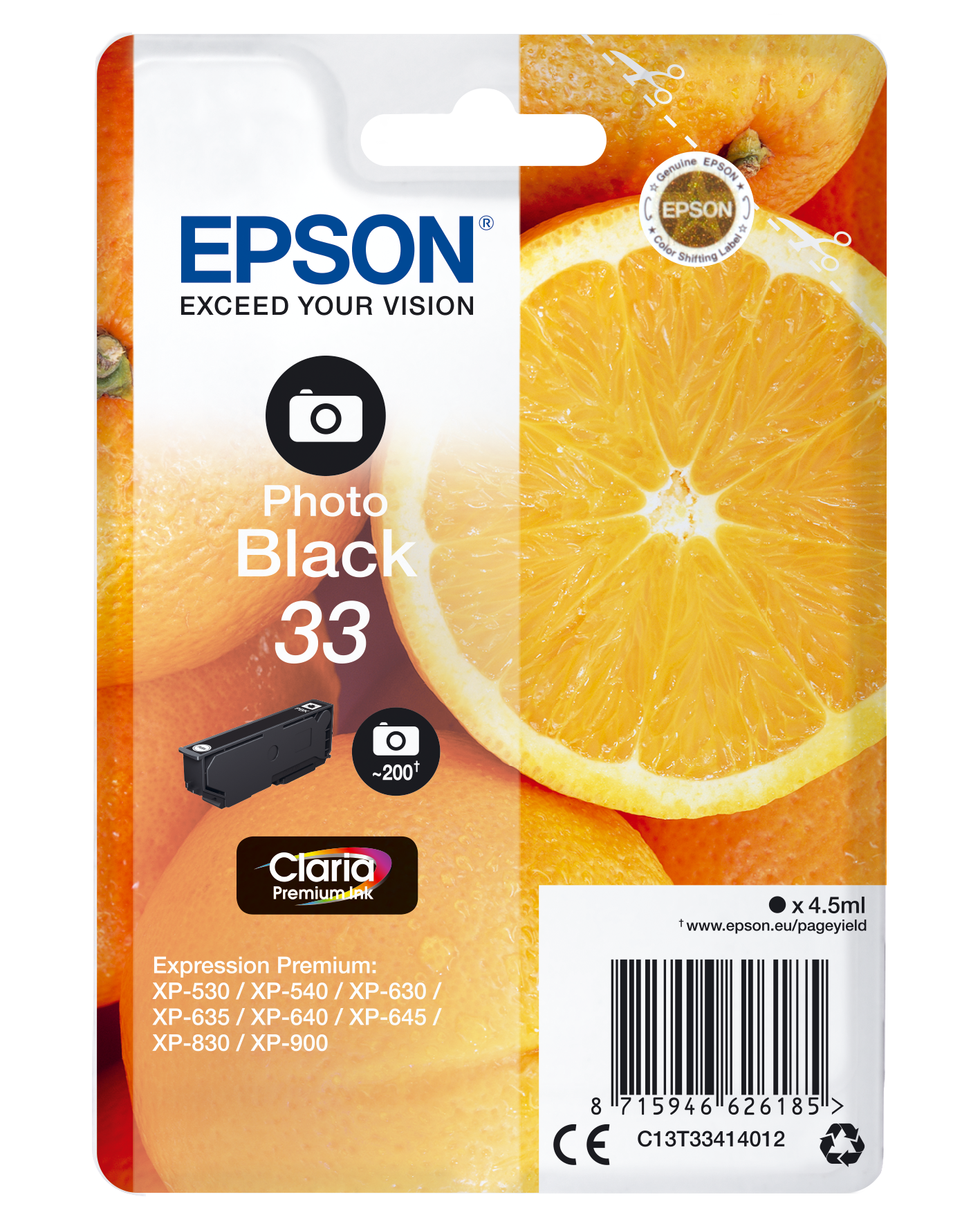 Epson Oranges Singlepack Photo Black 33 Claria Premium Ink single pack / foto zwart