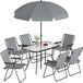 Set de jardin table verre 6 chaises pliantes parapluie motif vague gris