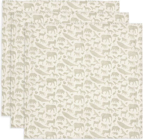 Jollein Hydrofiele Doek Small 70x70cm Animals - 3 stuks - Olive Green