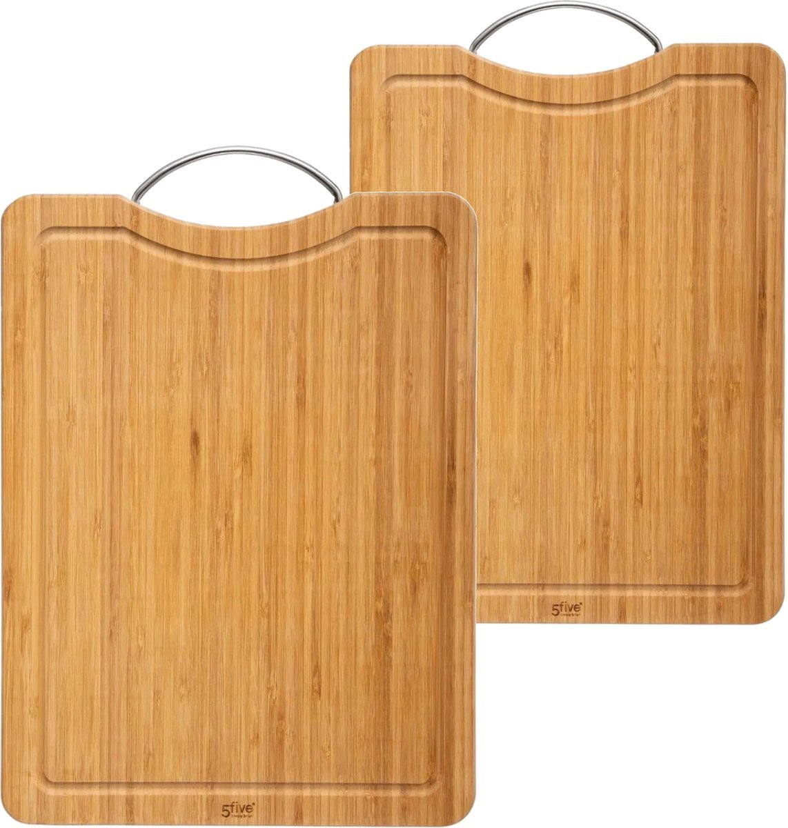 Secret de Gourmet Set met 2x formaten snijplanken met metalen handvat van bamboe hout - 30 x 20 cm en 42 x 30 cm