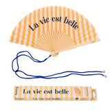 Fisura Originele waaiers met het opschrift "La Vie EST Belle", moderne en kleurrijke houten waaiers, geel, gestreept, inclusief ophanglus, grappig cadeau-idee, 42,5 x 23 cm